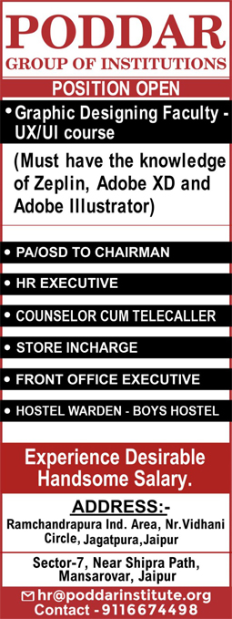 Graphic Designing Faculty, PA/OSD To Chairman, Hr Executive, Counselor Cum Telecaller, Store Incharge, Front Office Executive, Hostel Warden - Boys Hostel