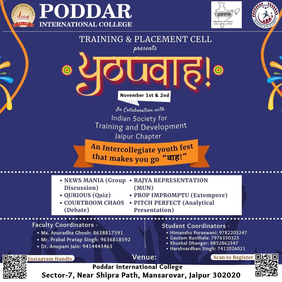 Poddar Group of Institutions The Training & Placement Cell under the aegis of Poddar Group of Institutions is organising an intercollegiate youth fest, "Youवाह"